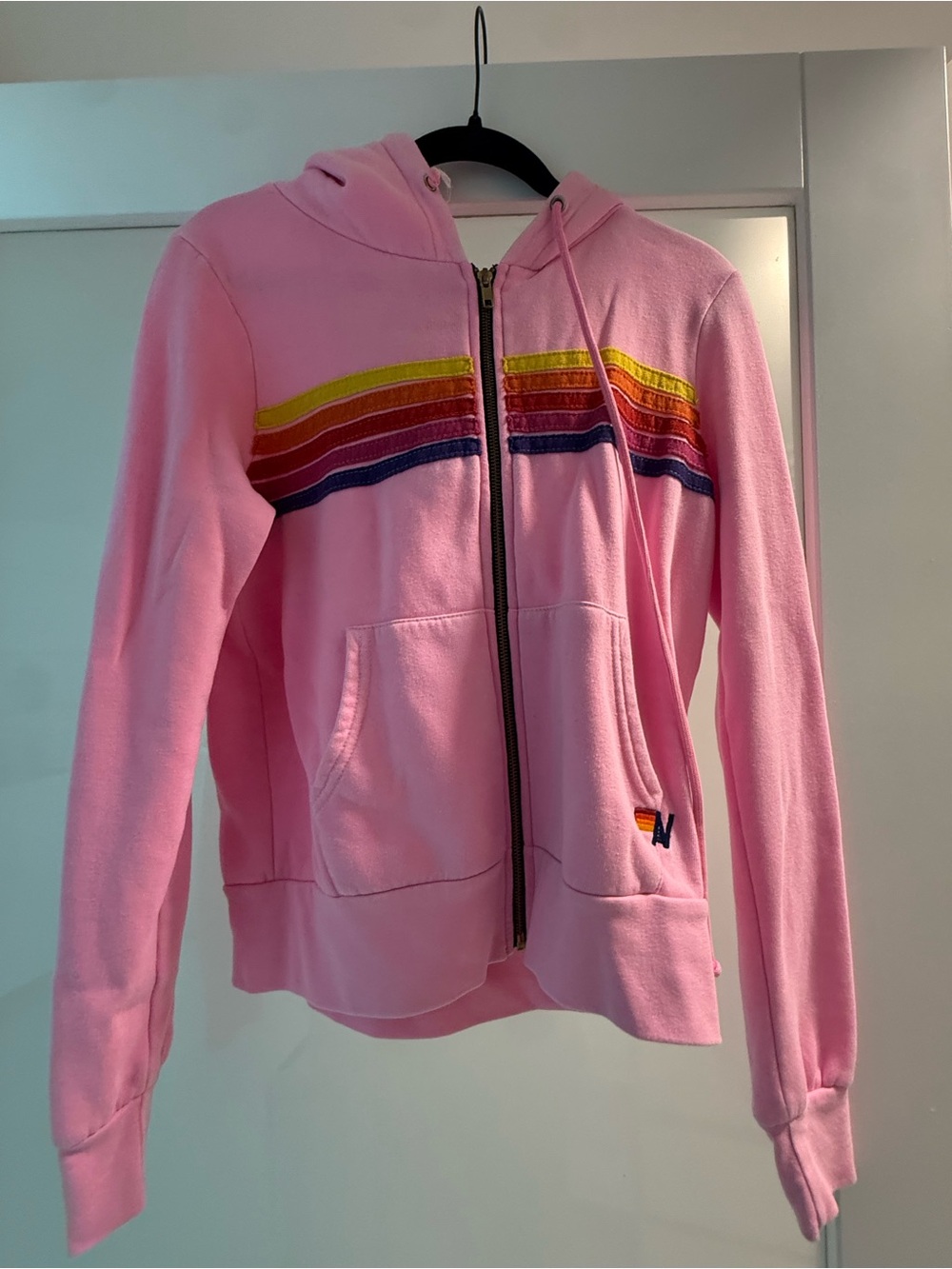 Aviator Nation Pink Zip Hoodie with Rainbow Chest Stripes